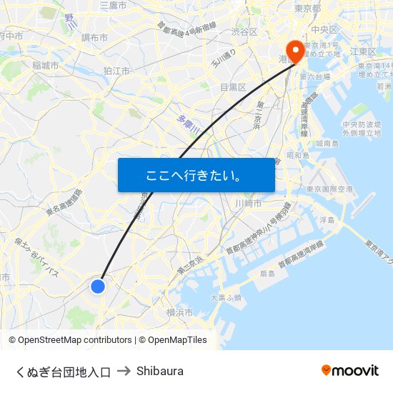 くぬぎ台団地入口 to Shibaura map