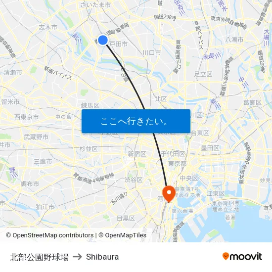 北部公園野球場 to Shibaura map