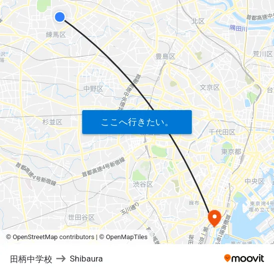 田柄中学校 to Shibaura map