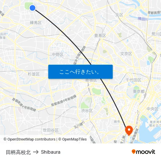 田柄高校北 to Shibaura map
