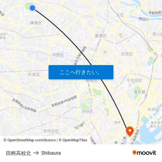 田柄高校北 to Shibaura map