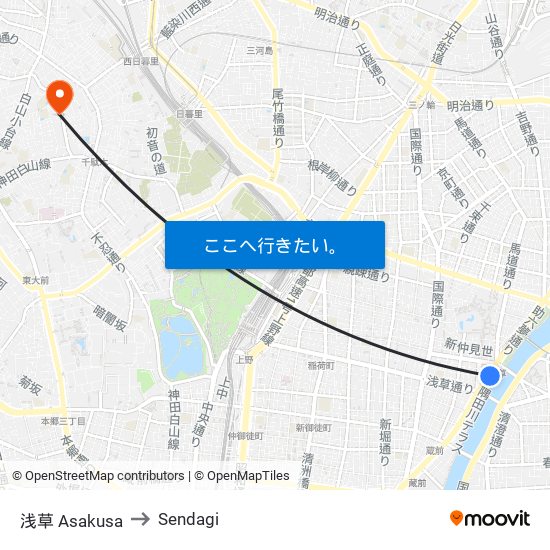 浅草 Asakusa to Sendagi map