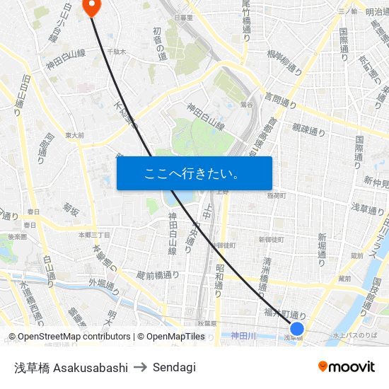 浅草橋 Asakusabashi to Sendagi map