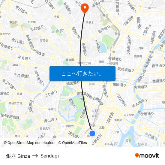 銀座 Ginza to Sendagi map