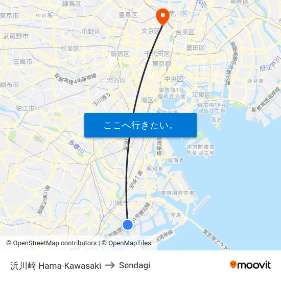 浜川崎 Hama-Kawasaki to Sendagi map