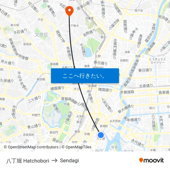 八丁堀 Hatchobori to Sendagi map