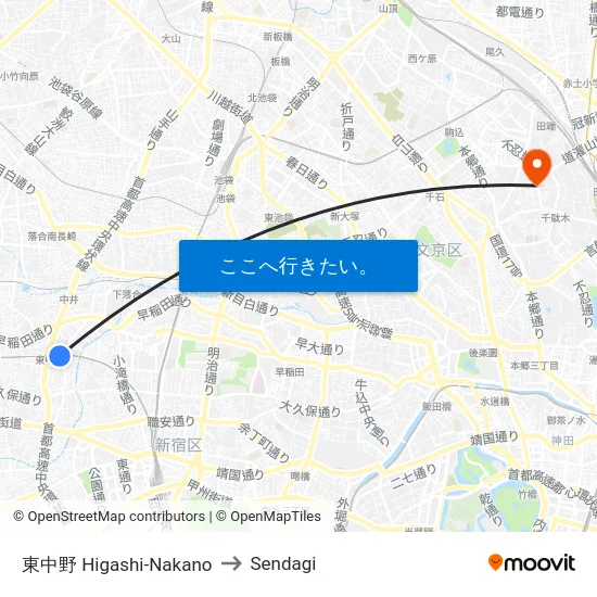 東中野 Higashi-Nakano to Sendagi map