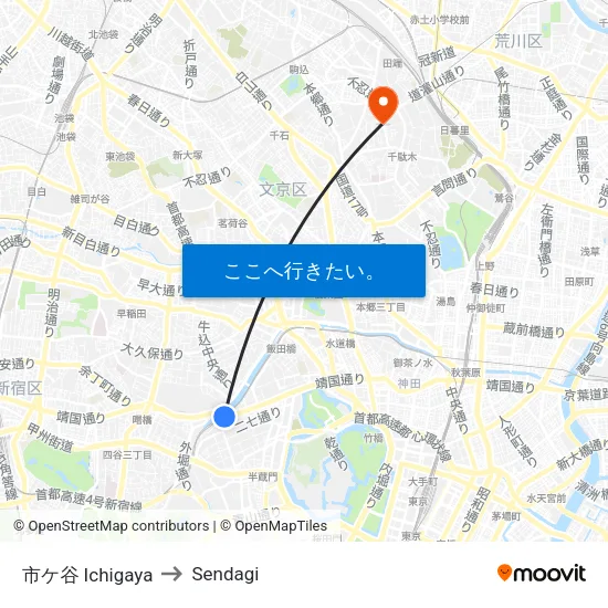 市ケ谷 Ichigaya to Sendagi map