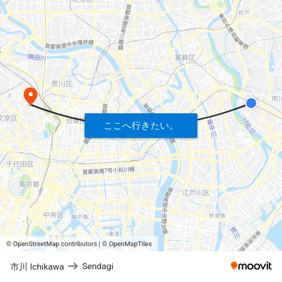 市川 Ichikawa to Sendagi map