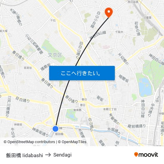 飯田橋 Iidabashi to Sendagi map
