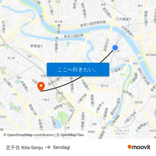 北千住 Kita-Senju to Sendagi map