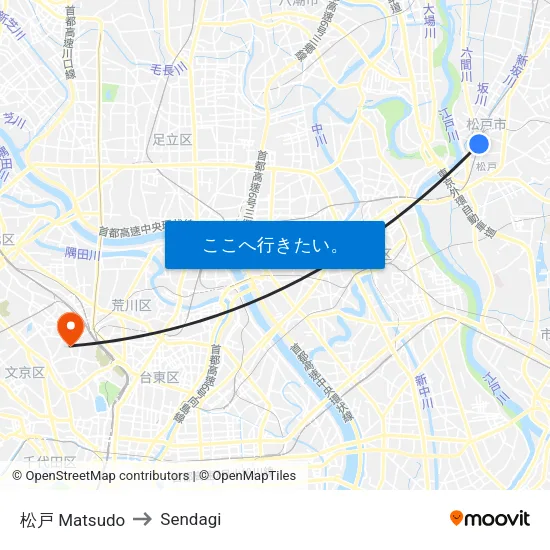 松戸 Matsudo to Sendagi map