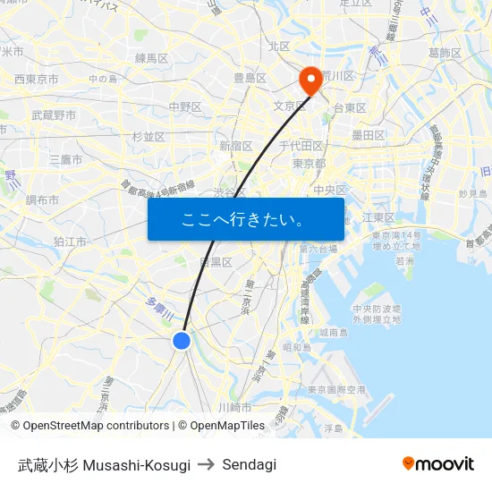 武蔵小杉 Musashi-Kosugi to Sendagi map