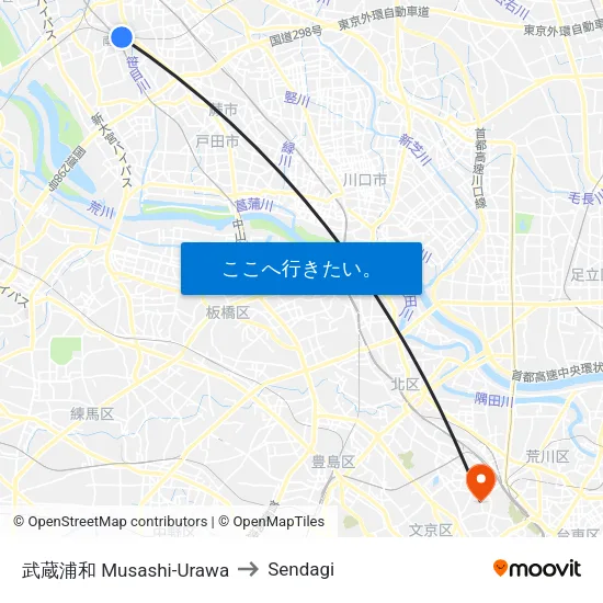 武蔵浦和 Musashi-Urawa to Sendagi map