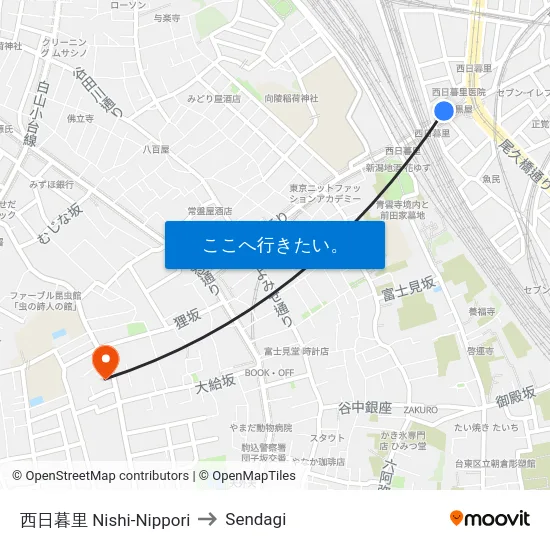 西日暮里 Nishi-Nippori to Sendagi map