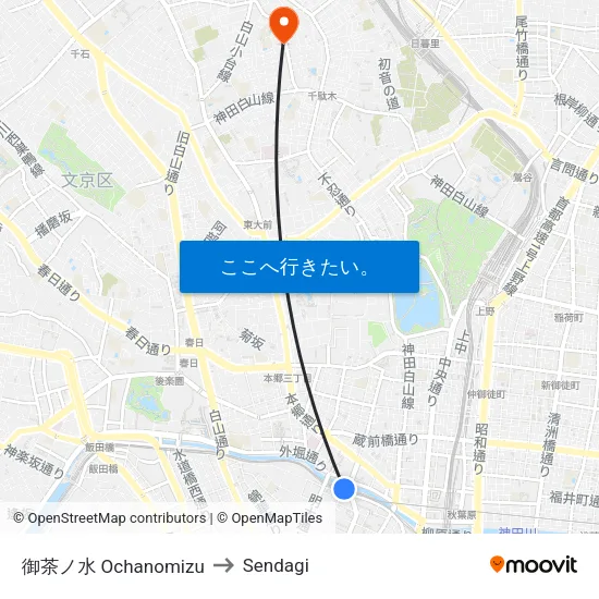 御茶ノ水 Ochanomizu to Sendagi map