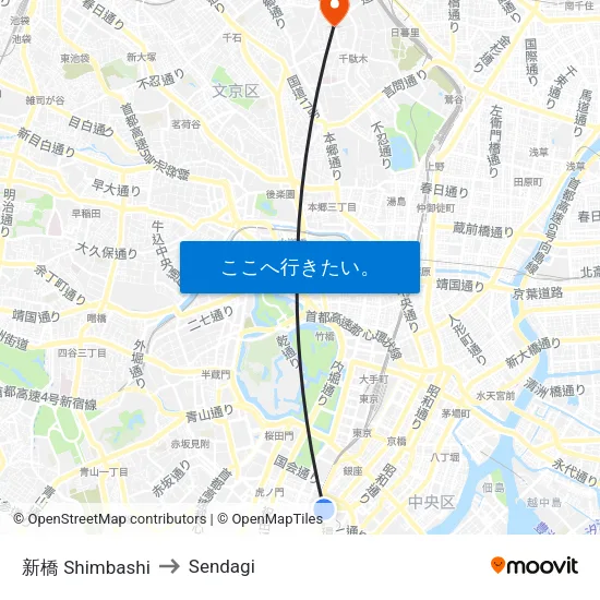 新橋 Shimbashi to Sendagi map