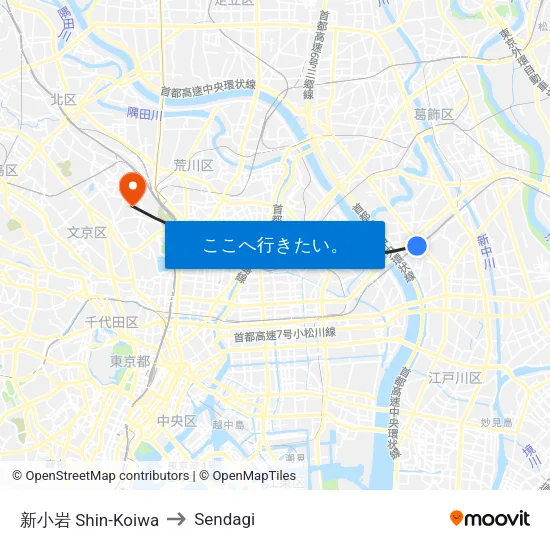 新小岩 Shin-Koiwa to Sendagi map