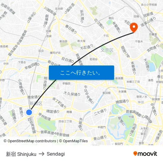 新宿 Shinjuku to Sendagi map