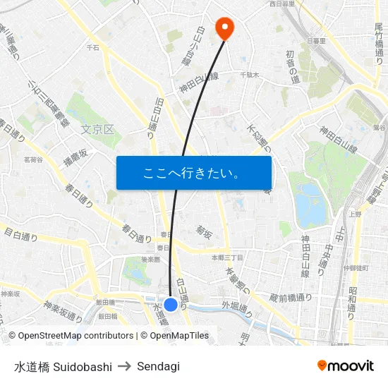 水道橋 Suidobashi to Sendagi map
