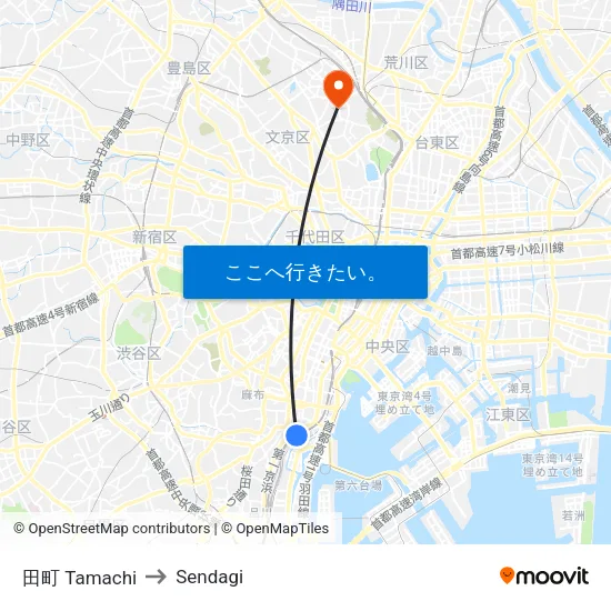 田町 Tamachi to Sendagi map