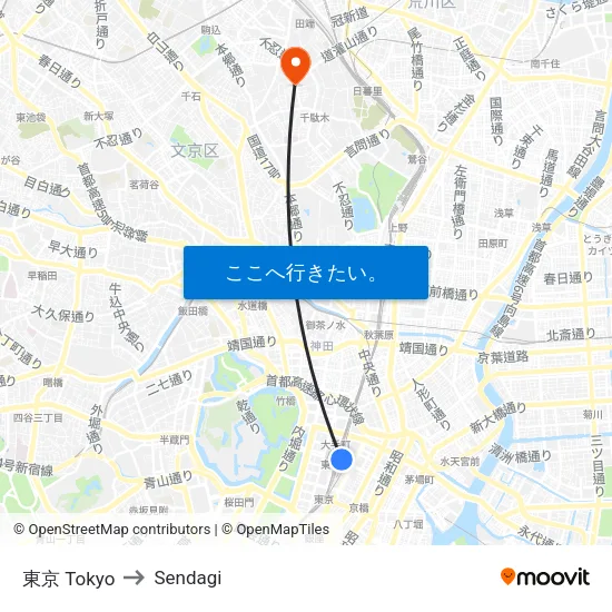 東京 Tokyo to Sendagi map