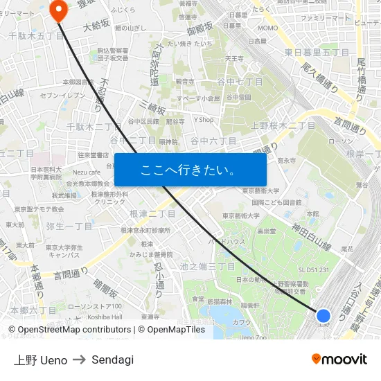 上野 Ueno to Sendagi map