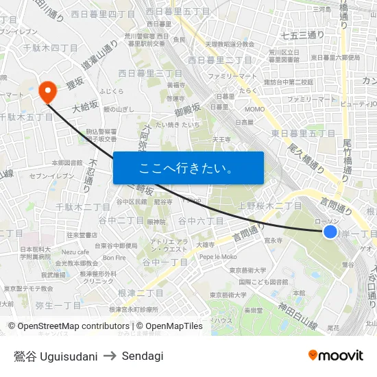 鶯谷 Uguisudani to Sendagi map