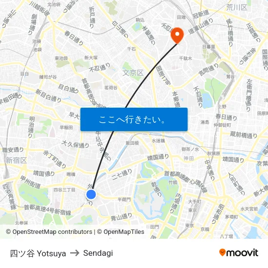 四ツ谷 Yotsuya to Sendagi map