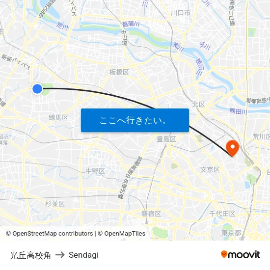 光丘高校角 to Sendagi map