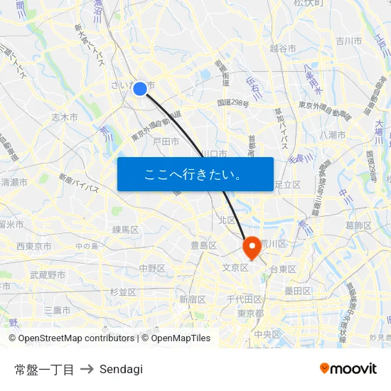 常盤一丁目 to Sendagi map