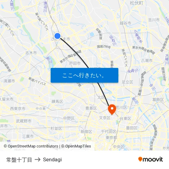 常盤十丁目 to Sendagi map