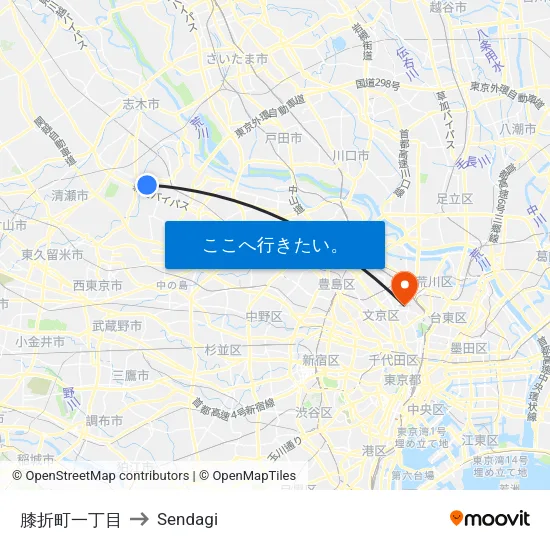 膝折町一丁目 to Sendagi map