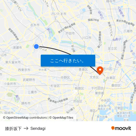 膝折坂下 to Sendagi map