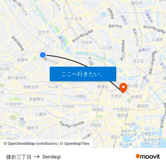 膝折三丁目 to Sendagi map