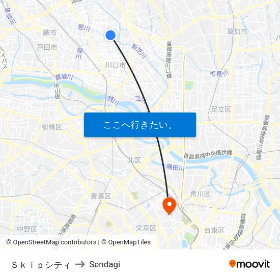 Ｓｋｉｐシティ to Sendagi map