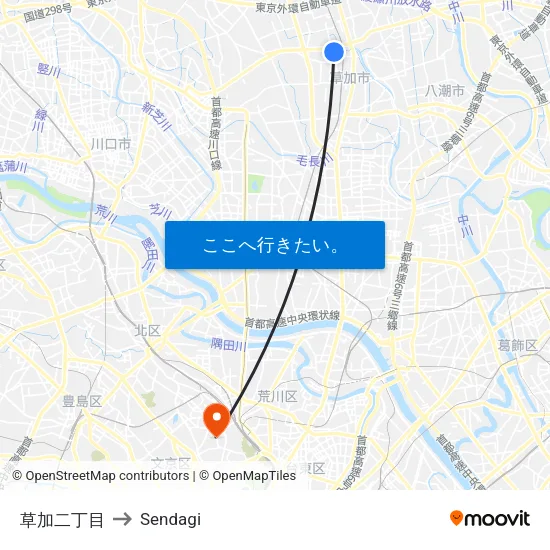 草加二丁目 to Sendagi map