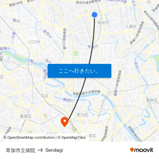 草加市立病院 to Sendagi map
