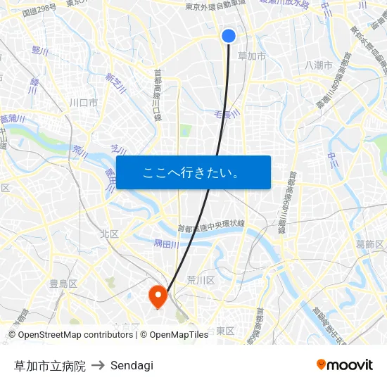 草加市立病院 to Sendagi map