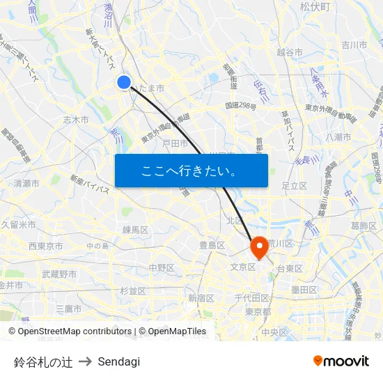 鈴谷札の辻 to Sendagi map