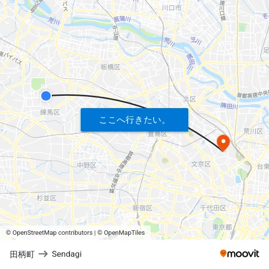 田柄町 to Sendagi map