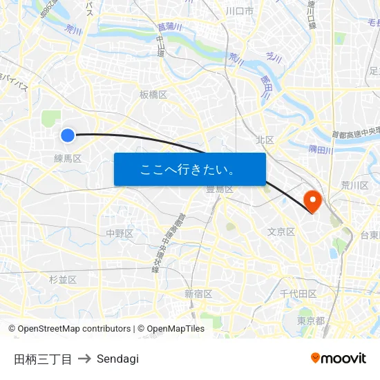 田柄三丁目 to Sendagi map