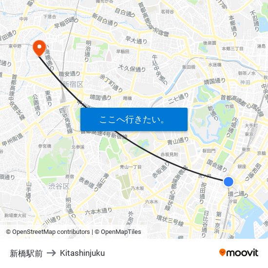 新橋駅前 to Kitashinjuku map