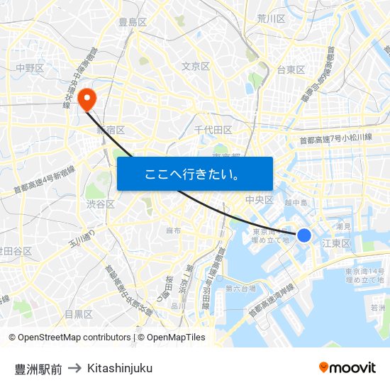 豊洲駅前 to Kitashinjuku map