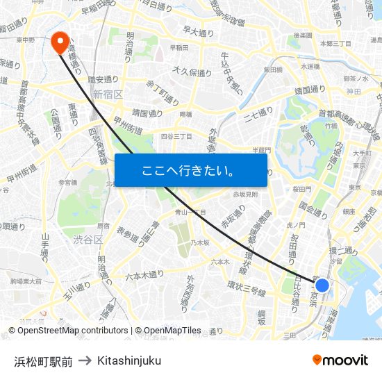 浜松町駅前 to Kitashinjuku map
