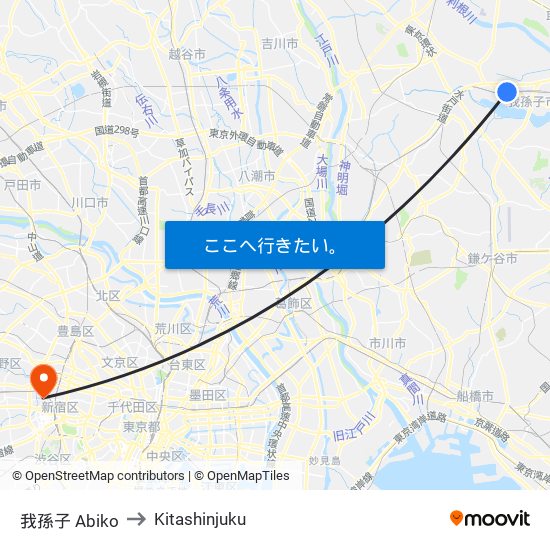 我孫子 Abiko to Kitashinjuku map