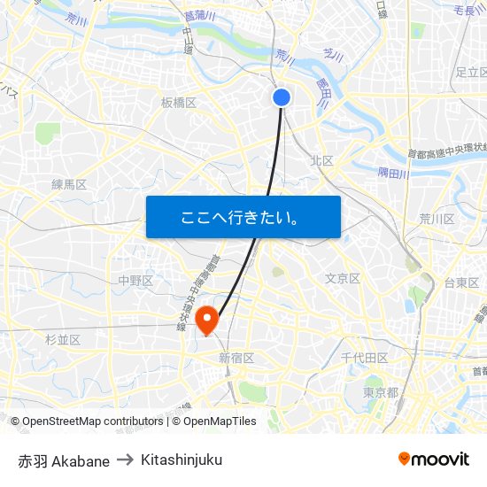 赤羽 Akabane to Kitashinjuku map