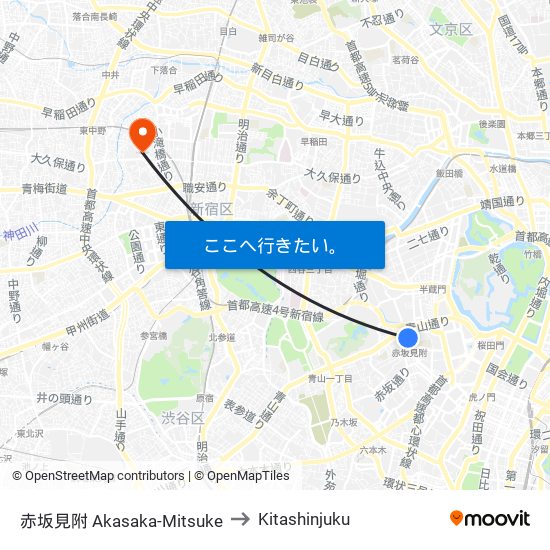 赤坂見附 Akasaka-Mitsuke to Kitashinjuku map