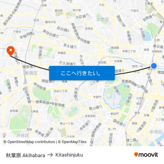秋葉原 Akihabara to Kitashinjuku map