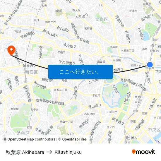秋葉原 Akihabara to Kitashinjuku map